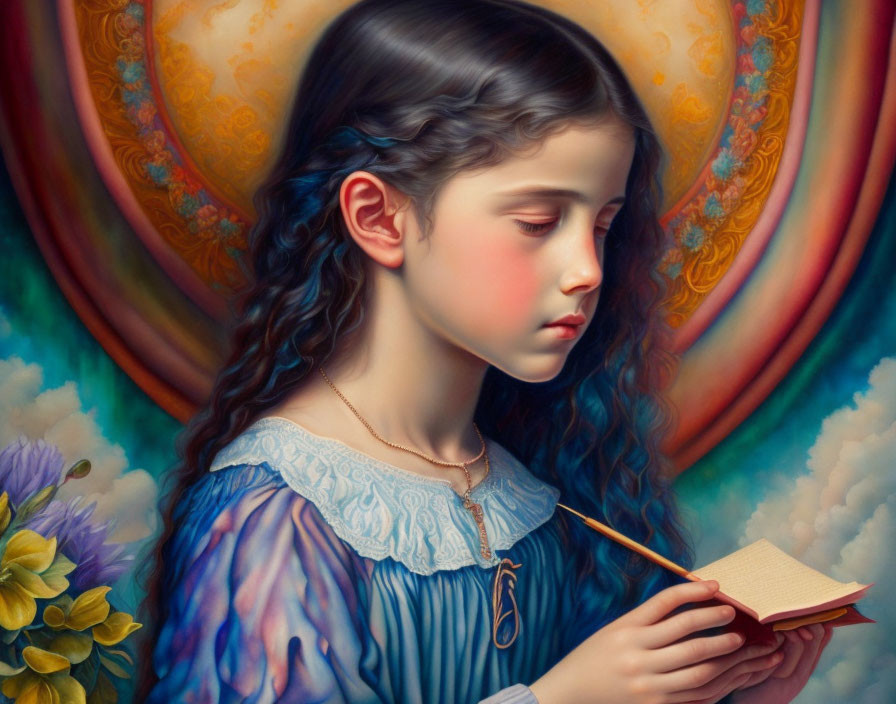 Portrait of young girl with wavy hair in blue dress holding book and quill among flowers.