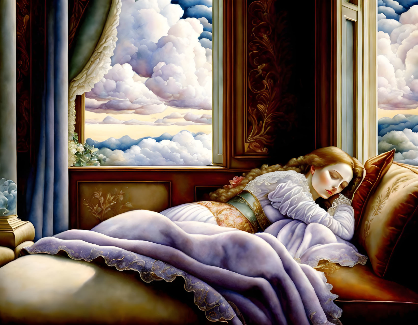 Victorian woman napping by open window with cloudscape view