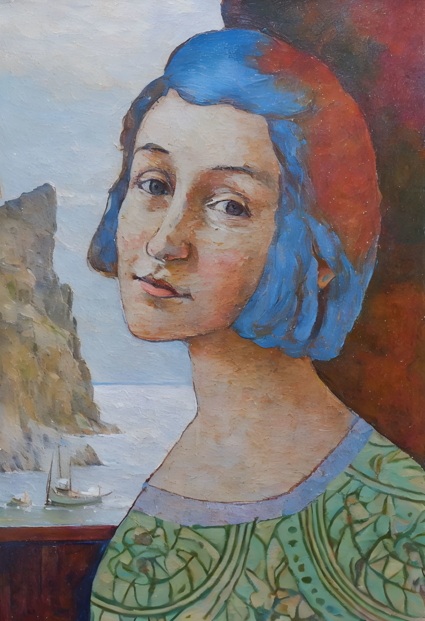 Blue-haired woman in patterned dress by coastal cliff with boats