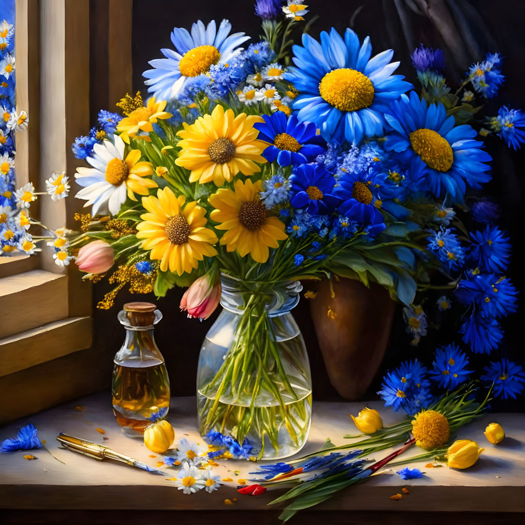 Colorful still life: blue and yellow flowers in clear vase, scattered petals, paintbrush, bottles