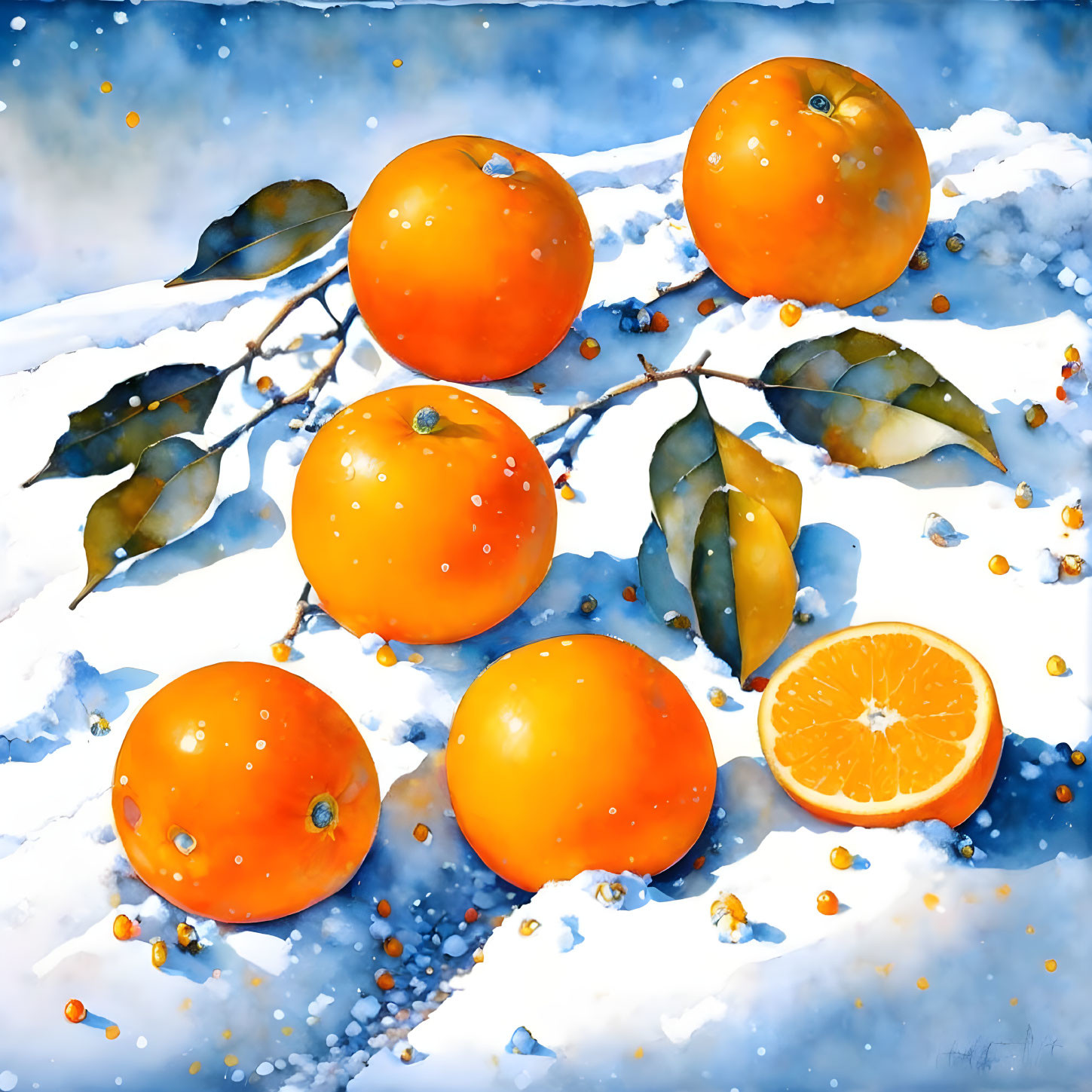 Orange Fruit with Green Leaves on Snowy Background, Cut Open to Reveal Juicy Segments