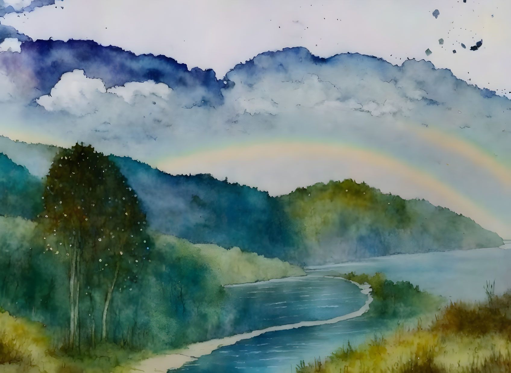 Scenic watercolor landscape: river, hills, rainbow, overcast sky