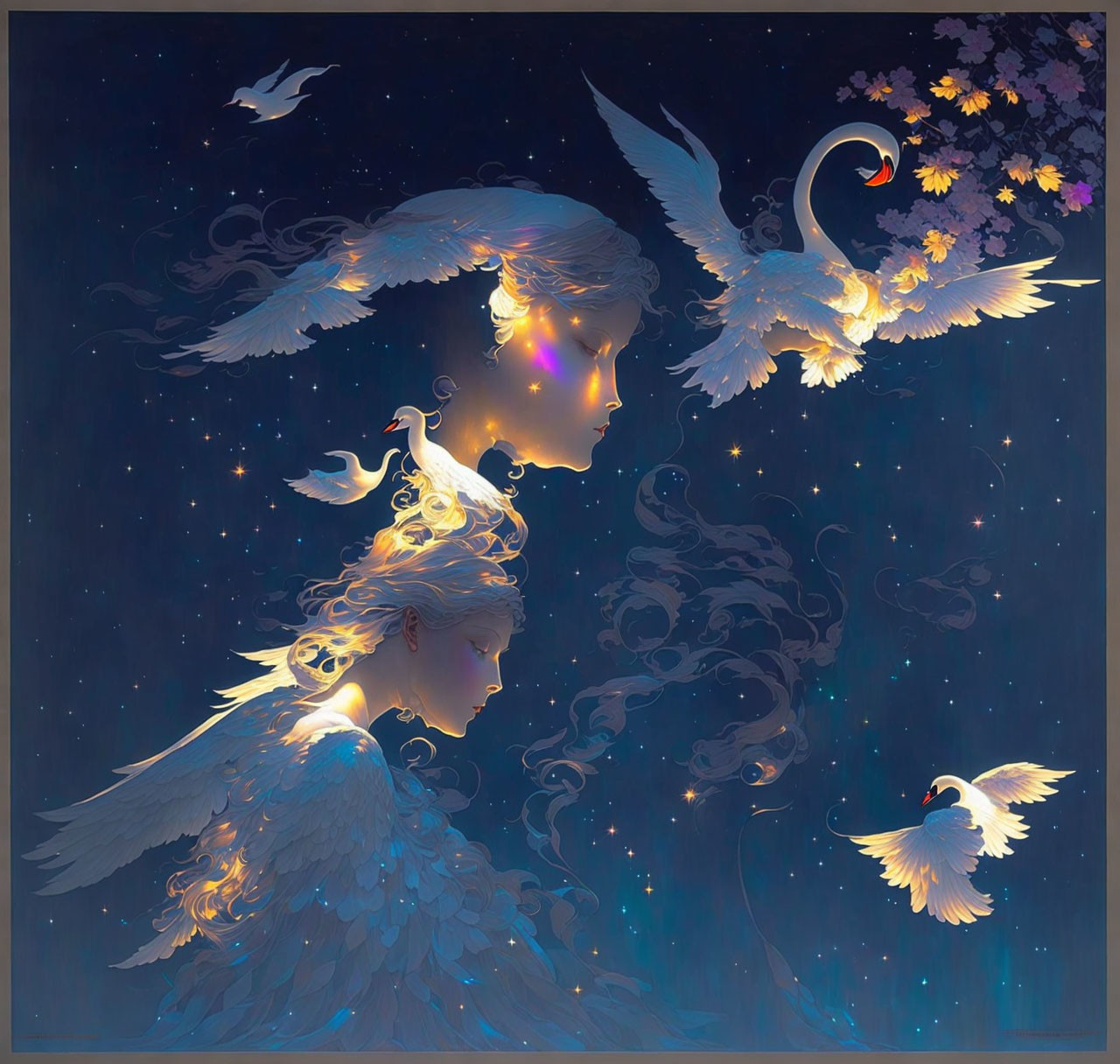 Ethereal illustration of angelic figures with ornate wings and luminescent birds