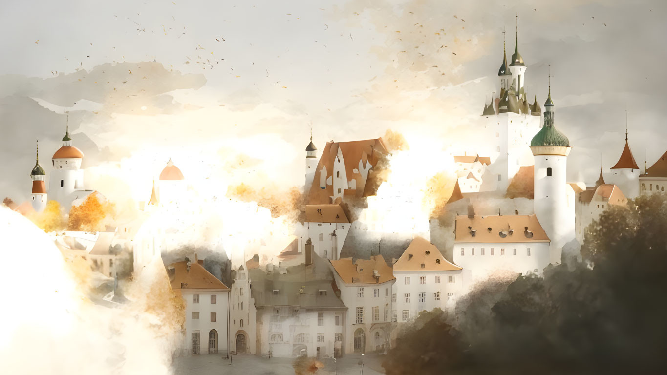 Illustration of Old European Town with Castle Towers and Birds in Flight