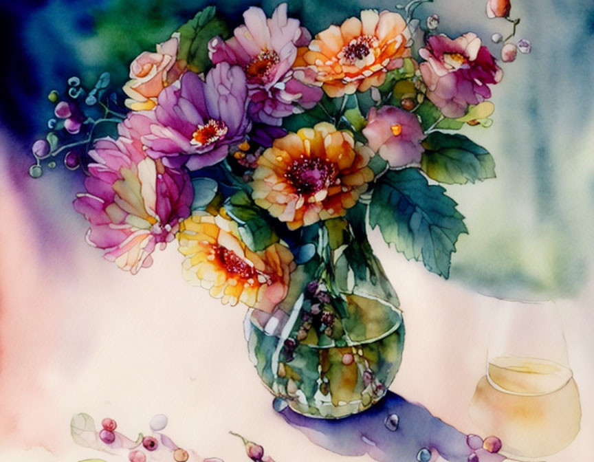 Colorful flowers in transparent vase with yellow container - vibrant watercolor painting