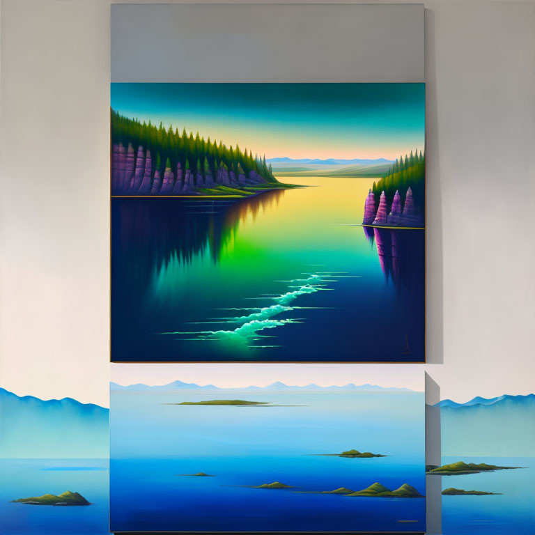 Scenic mountain lake painting in gallery display