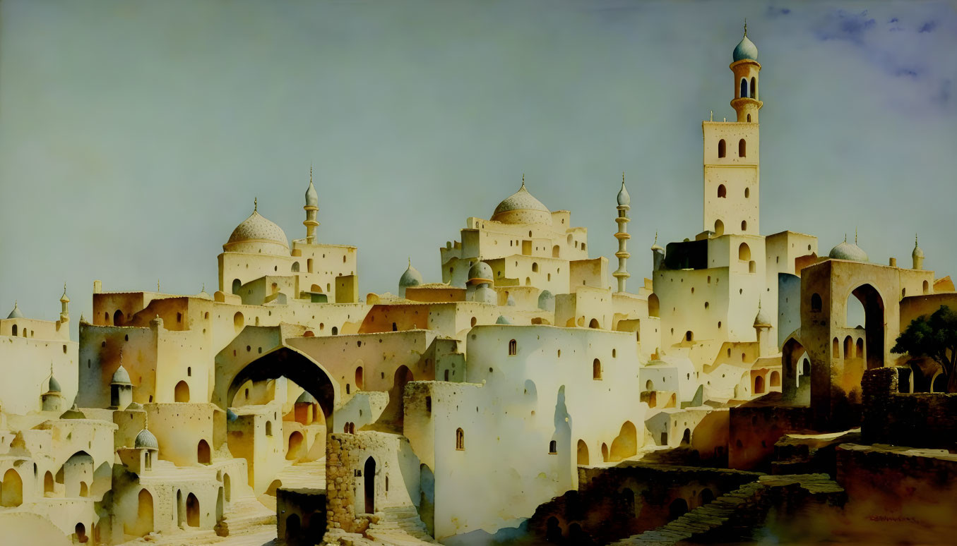 Ancient Middle Eastern cityscape with domed buildings and tower under blue sky