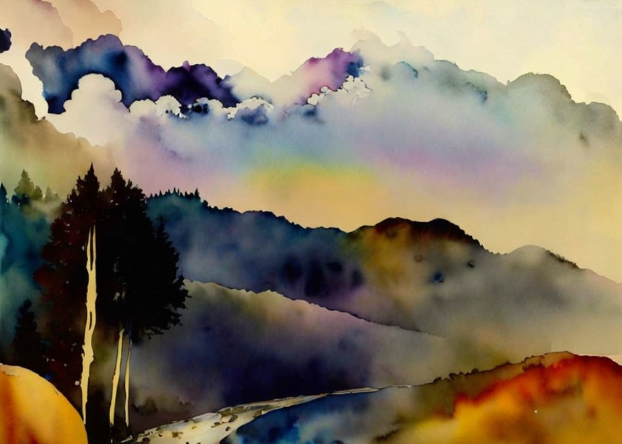 Vibrant watercolor landscape with tall tree, hills, warm hues blending into purples and