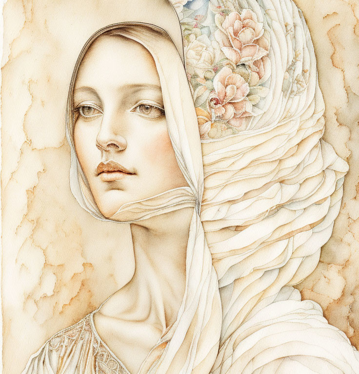 Serene woman with white scarf and floral patterns illustration