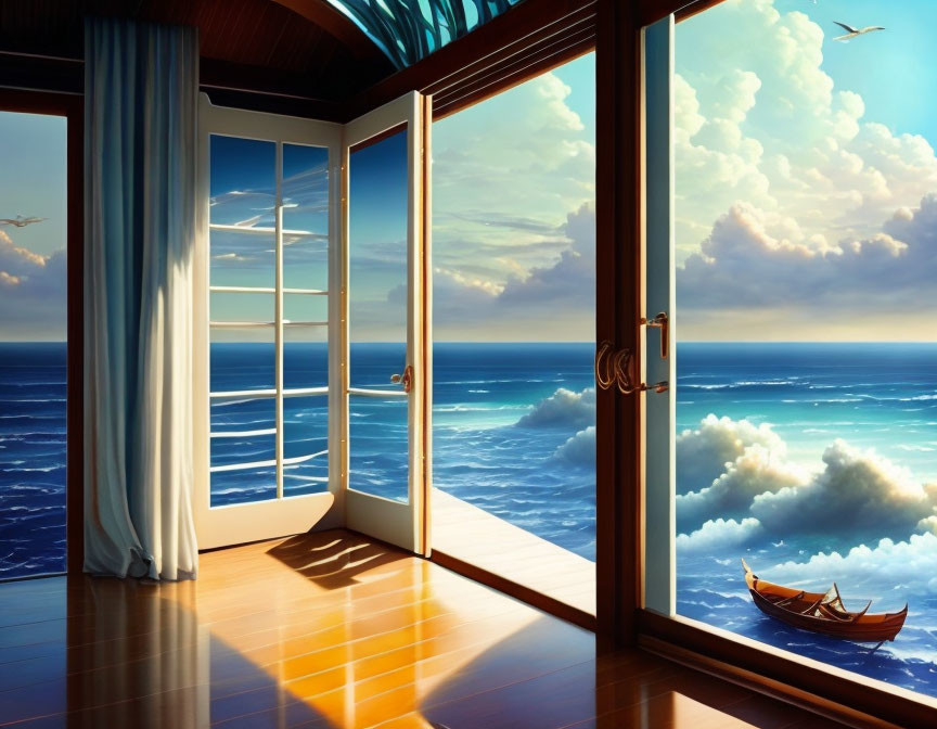 Balcony overlooking ocean, clouds, small boat, sunlight reflections.