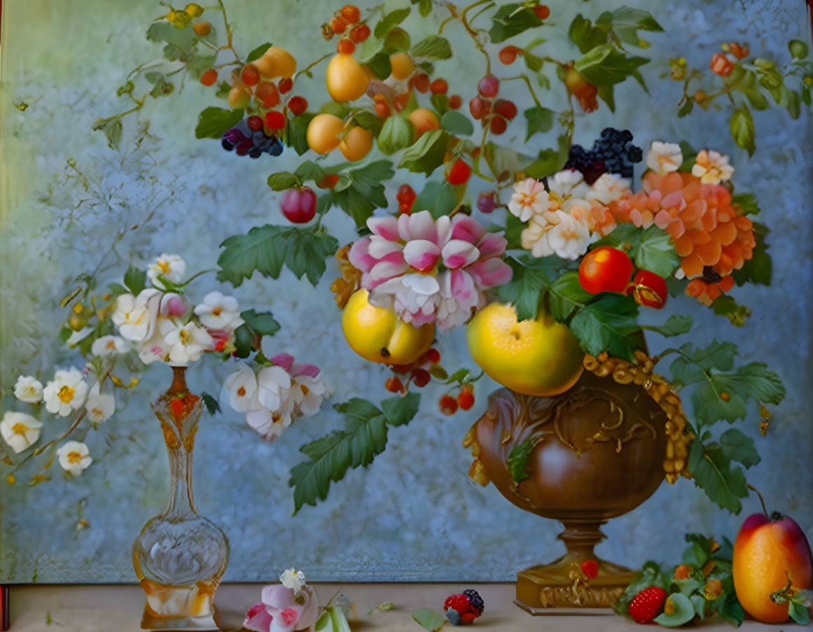 Colorful Still Life Painting with Vase, Flowers, Fruits, and Blue Background