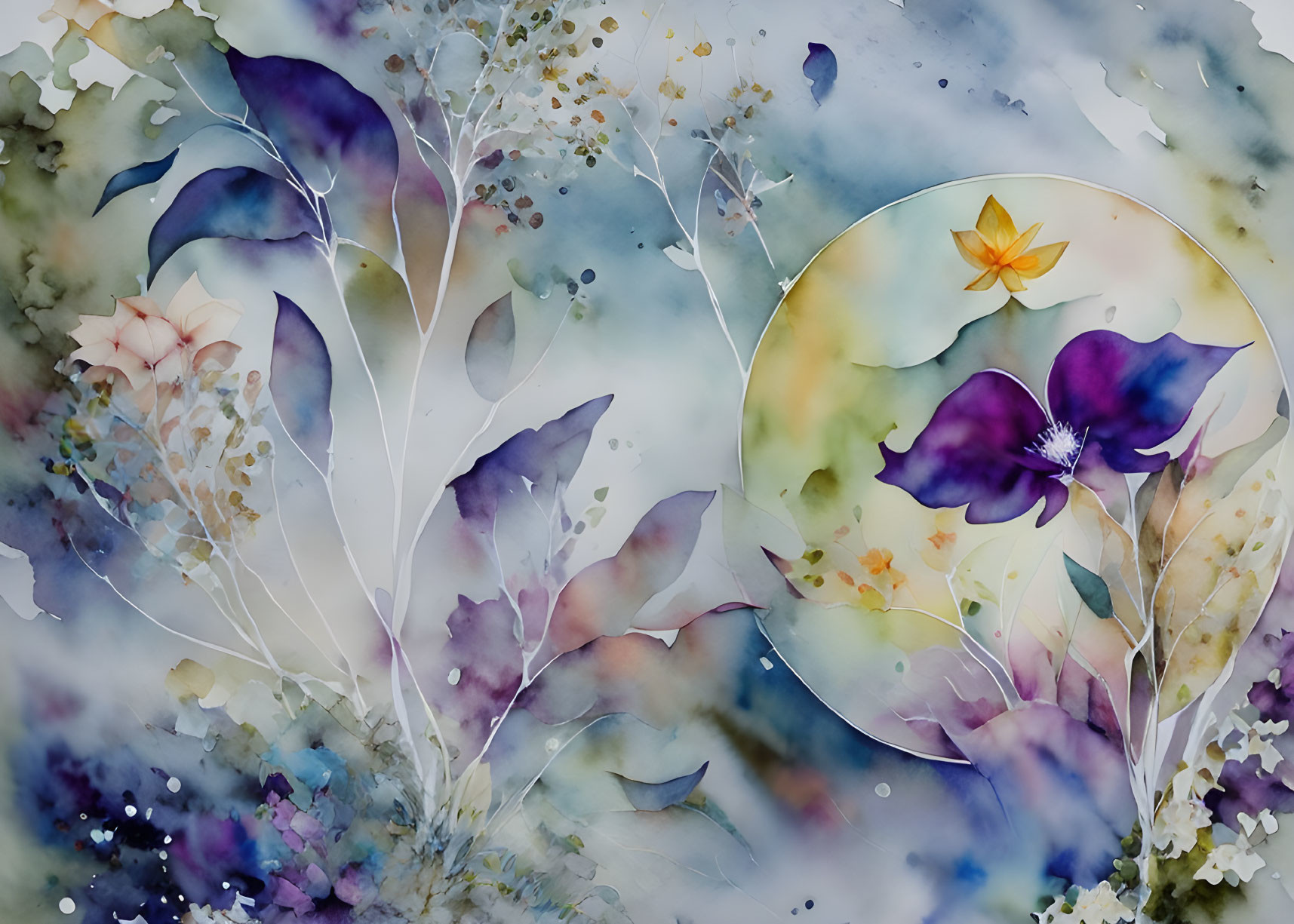 Ethereal watercolor painting of flowers and leaves in blues, purples, and yellows