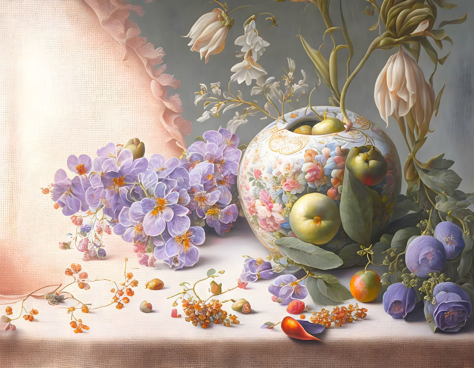 Floral Still Life Painting with Fruits and Patterned Vase