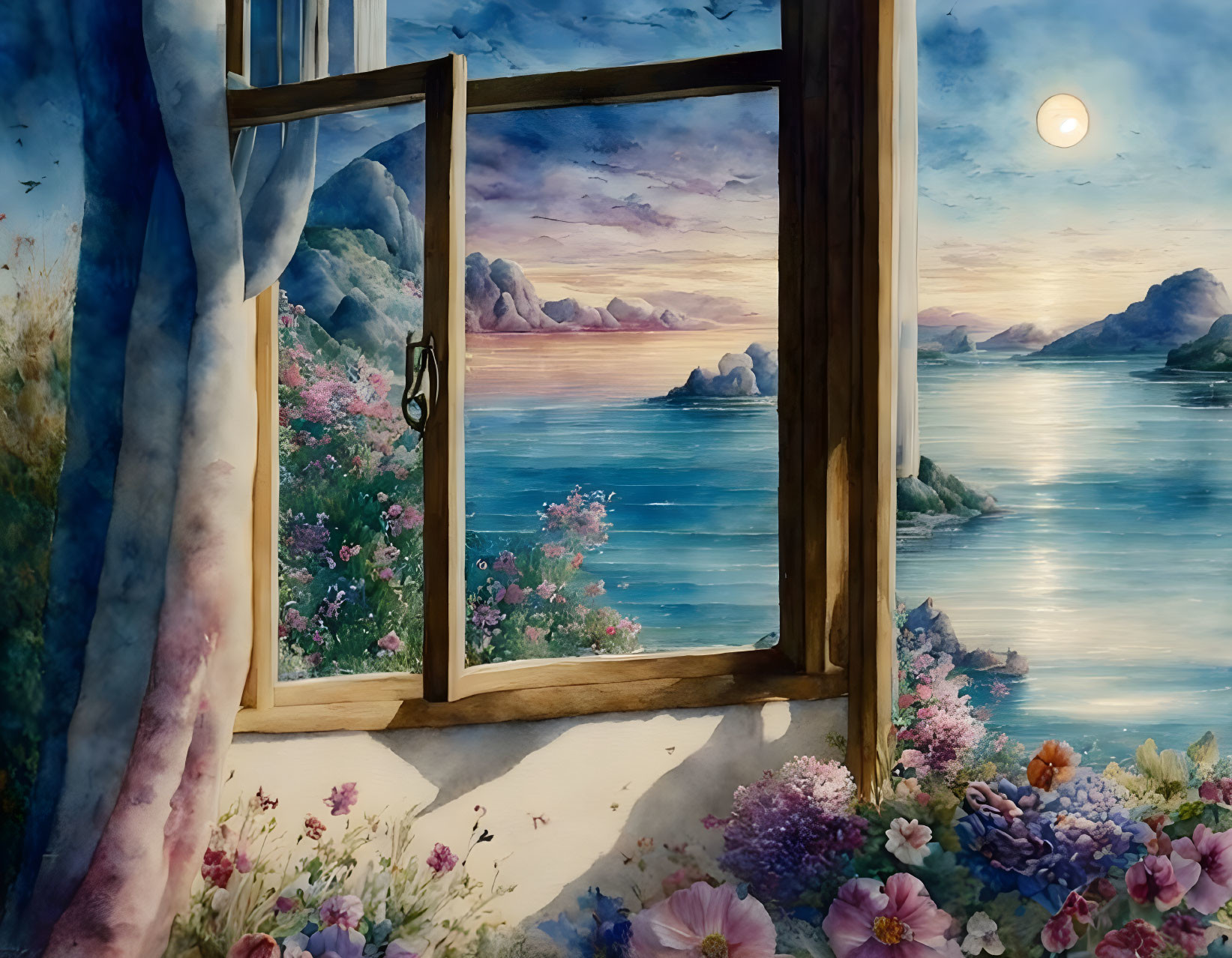 Tranquil sunset over calm sea with mountains and flowers.