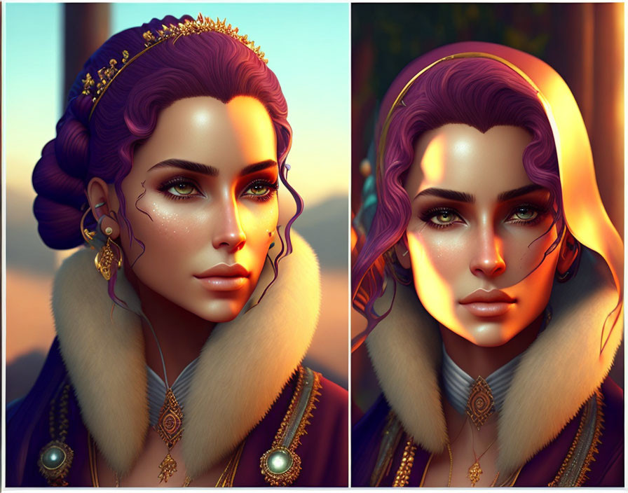 Digital Art: Woman with Purple Hair and Fur Coat in Two Lighting Variations