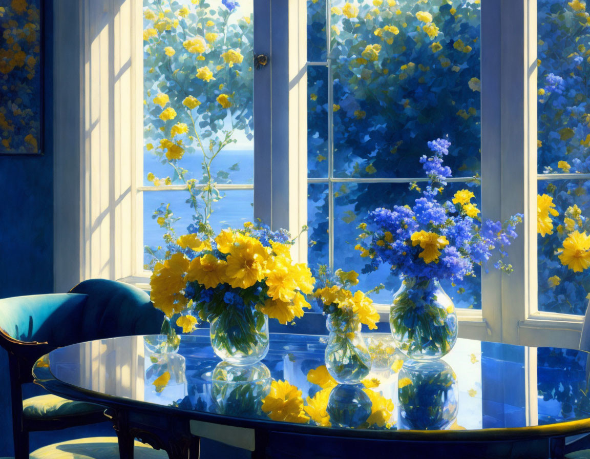 Sunlit Table with Yellow and Blue Flowers by the Sea