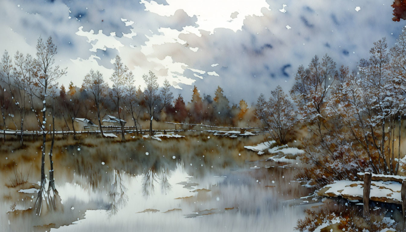 Snow-covered winter landscape with pond and cloudy sky.