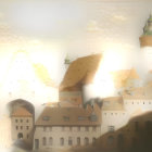 Illustration of Old European Town with Castle Towers and Birds in Flight