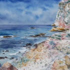 Serene Beach Watercolor Landscape with Rocky Cliffs and Sunlit Water