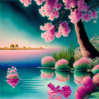 Pink Cherry Blossoms Painting Over Tranquil Pond