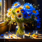 Colorful still life: blue and yellow flowers in clear vase, scattered petals, paintbrush, bottles