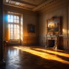 Gothic window sunlight illuminates ornate room with frescoes