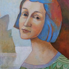 Woman in Blue Headscarf and Green Dress with Intricate Background