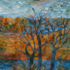 Tranquil autumn landscape with orange trees, blue river, cloudy skies