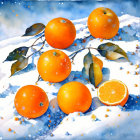 Orange Fruit with Green Leaves on Snowy Background, Cut Open to Reveal Juicy Segments