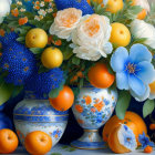 Colorful Still Life Painting: Flowers and Fruits in Blue and White Vases