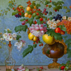 Colorful Still Life Painting with Vase, Flowers, Fruits, and Blue Background