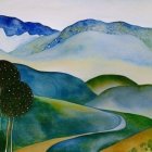 Scenic watercolor landscape: river, hills, rainbow, overcast sky