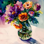 Colorful flowers in transparent vase with yellow container - vibrant watercolor painting