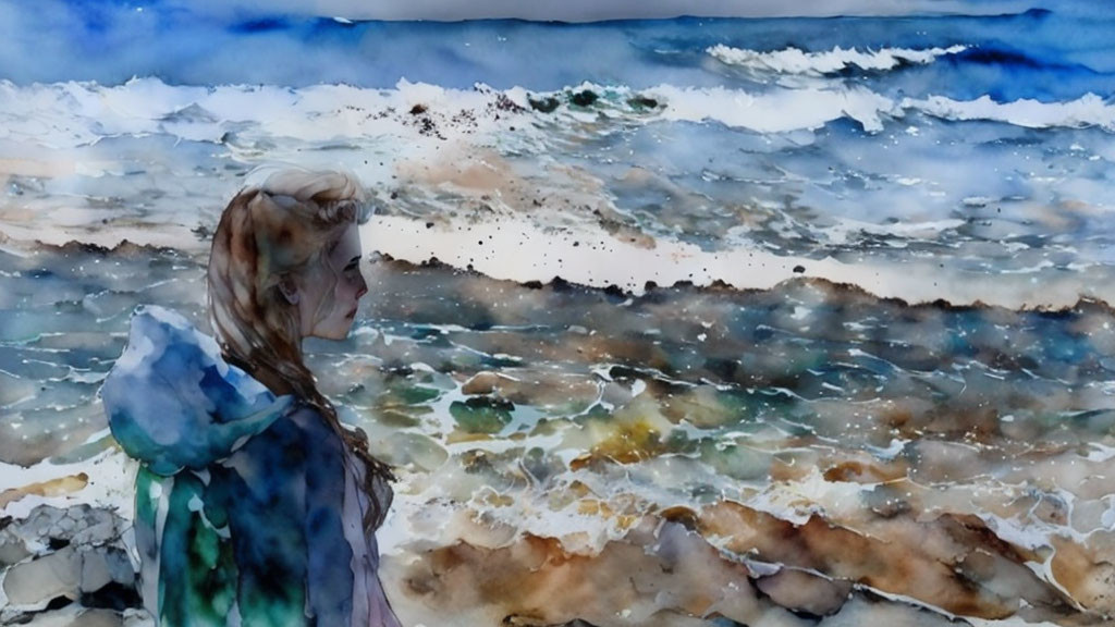 Person admiring turbulent sea in watercolor art