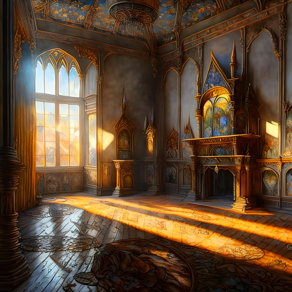 Gothic window sunlight illuminates ornate room with frescoes