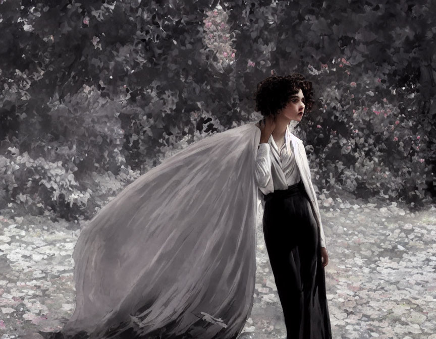 Curly-haired person in garden with white blouse and black trousers