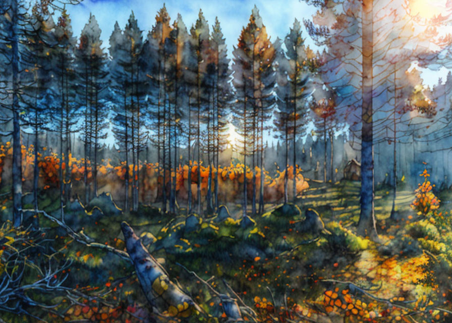 Autumn forest watercolor painting with sun rays and colorful foliage