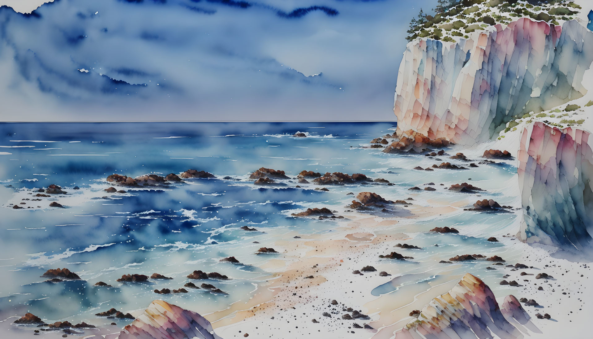 Serene Beach Watercolor Landscape with Rocky Cliffs and Sunlit Water