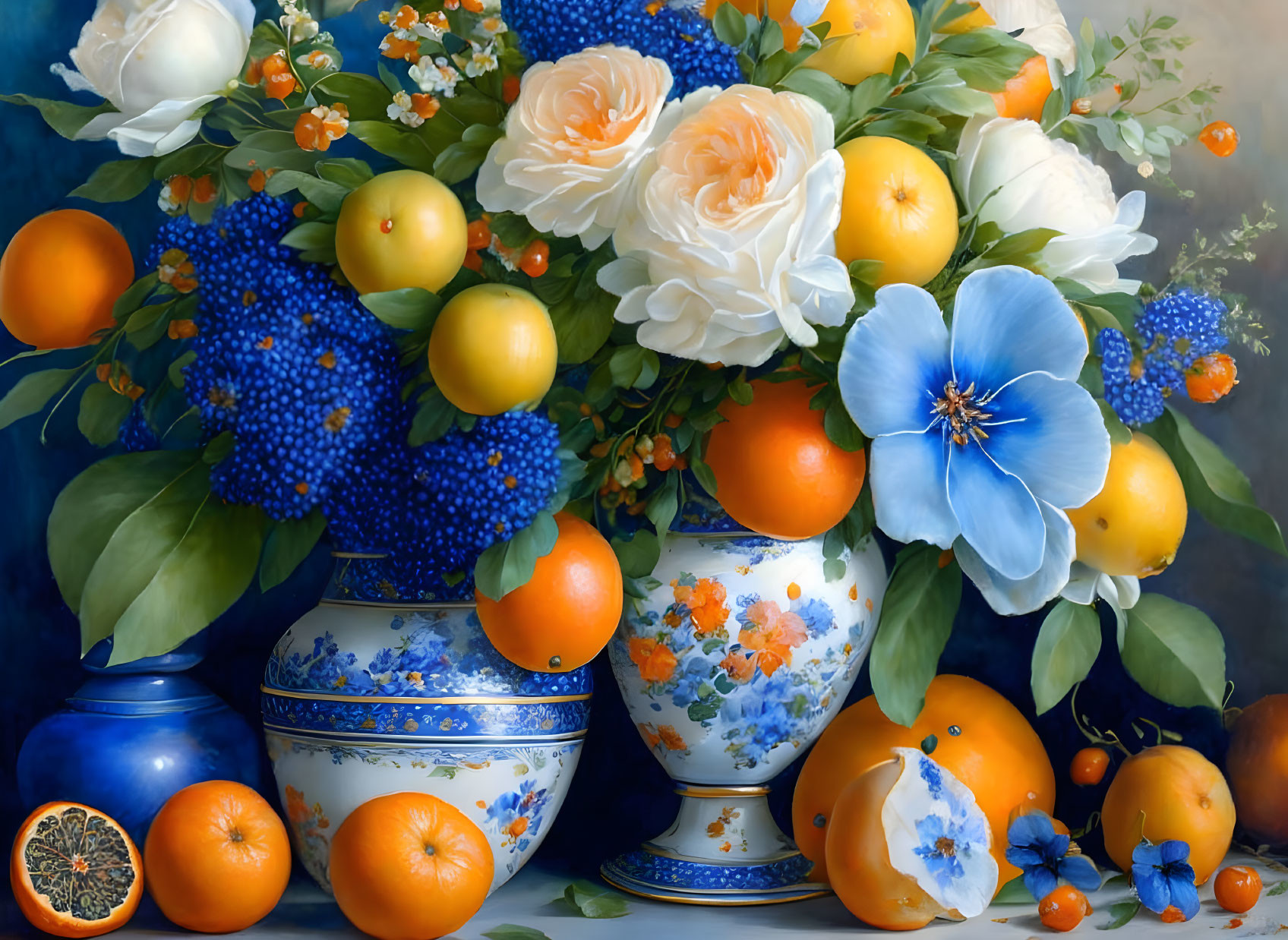 Colorful Still Life Painting: Flowers and Fruits in Blue and White Vases