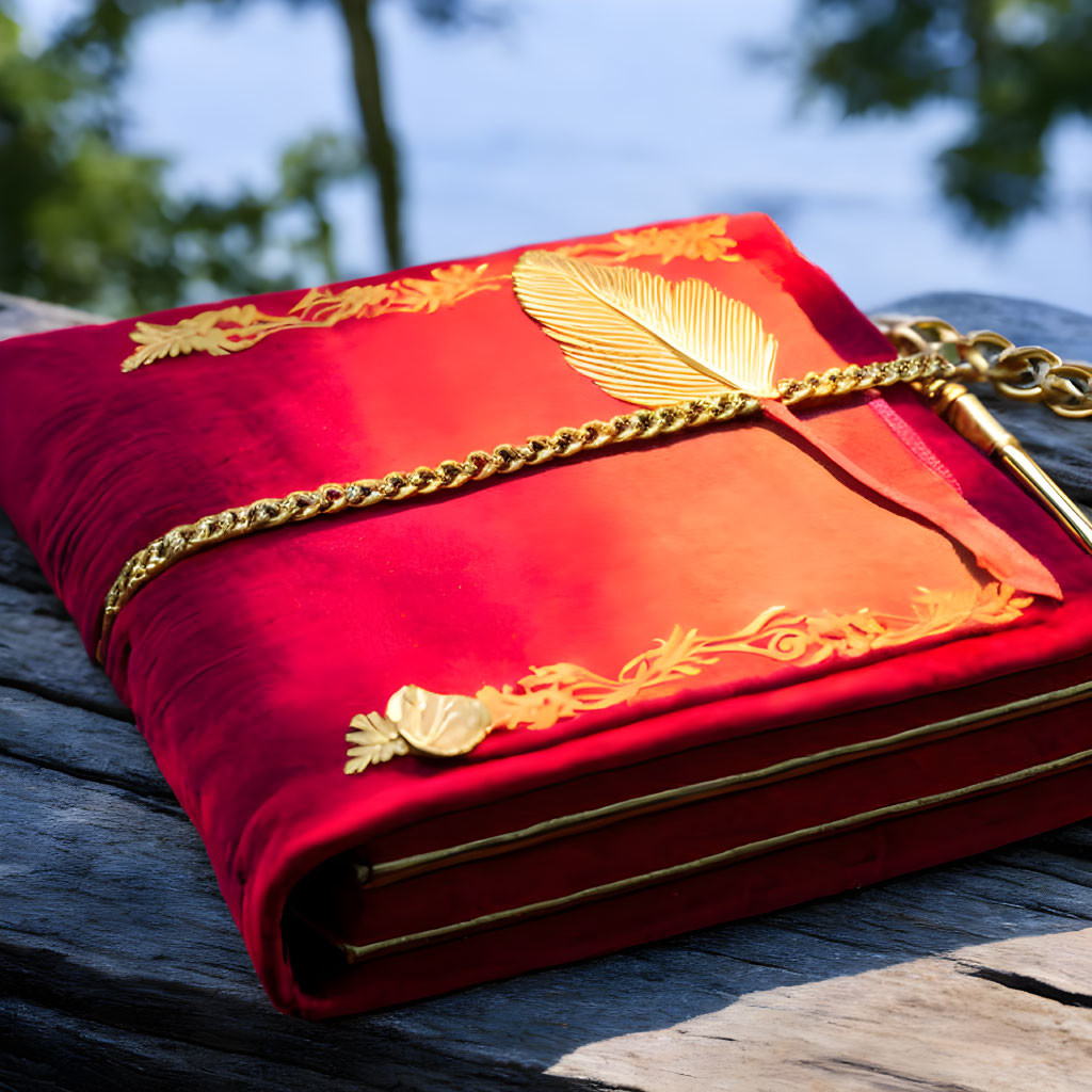 Red Book with Golden Embroidery and Chain on Wooden Surface