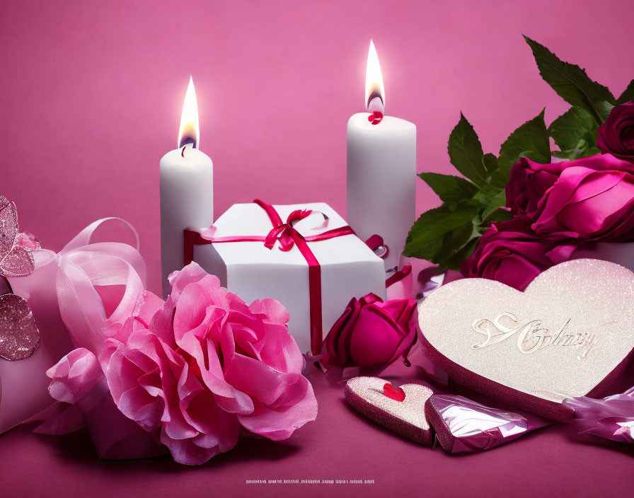 White candles, gift box, flowers, roses, and heart decorations on pink background