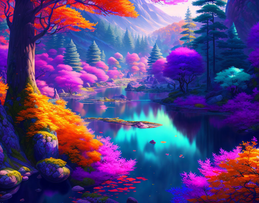 Colorful Fantasy Landscape: Serene Lake, Pink & Orange Trees