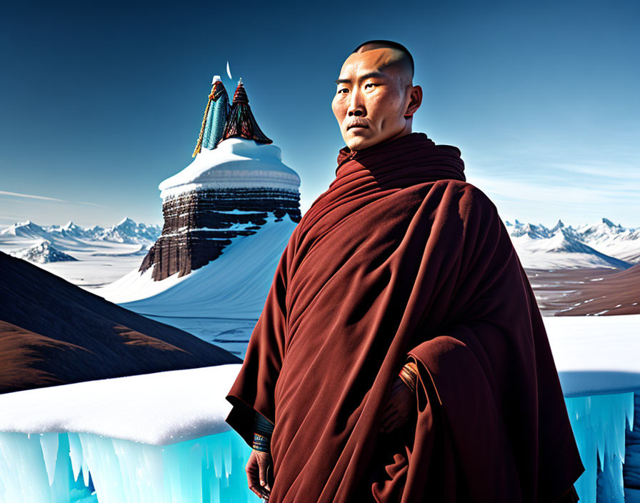 Bald Monk in Red Robes Stands Before Snowy Mountain Range