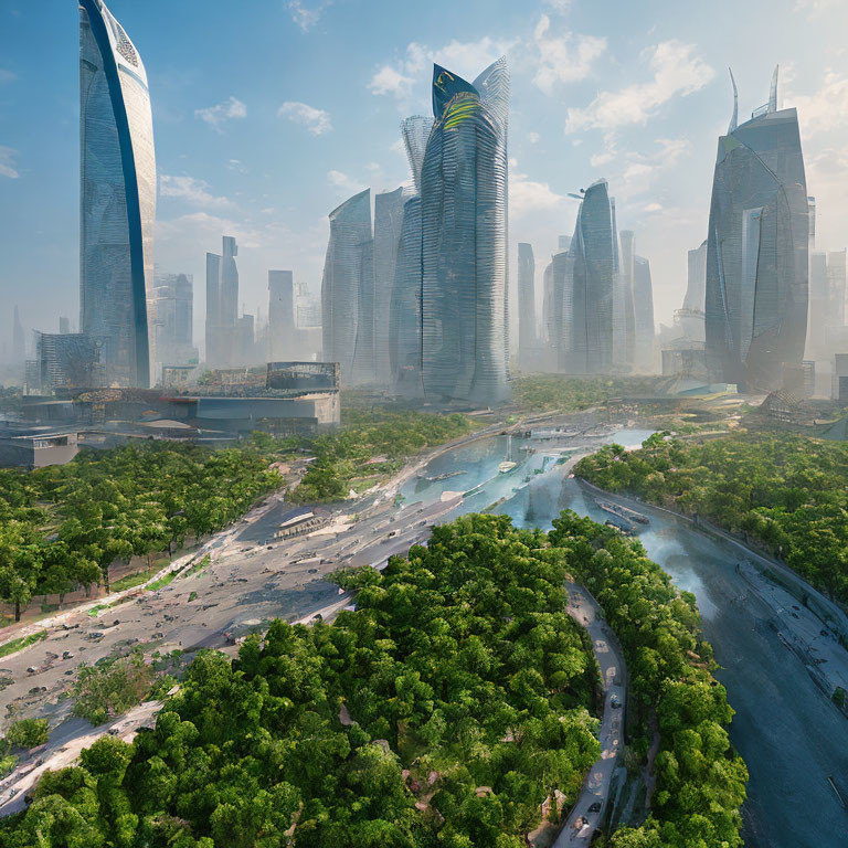 Futuristic cityscape with greenery, river, and skyscrapers