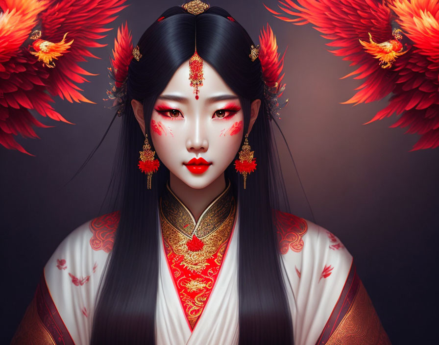 Asian woman in traditional attire with mystical red phoenixes on dark backdrop