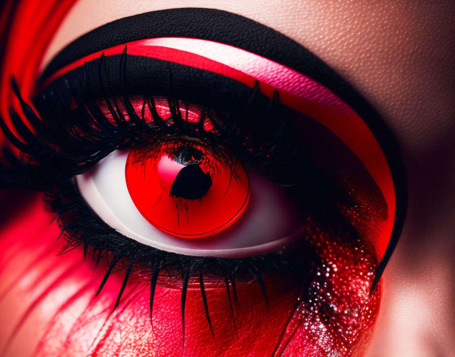 Detailed Close-Up: Dramatic Red Eye Makeup with Black Eyeliner and Mascara