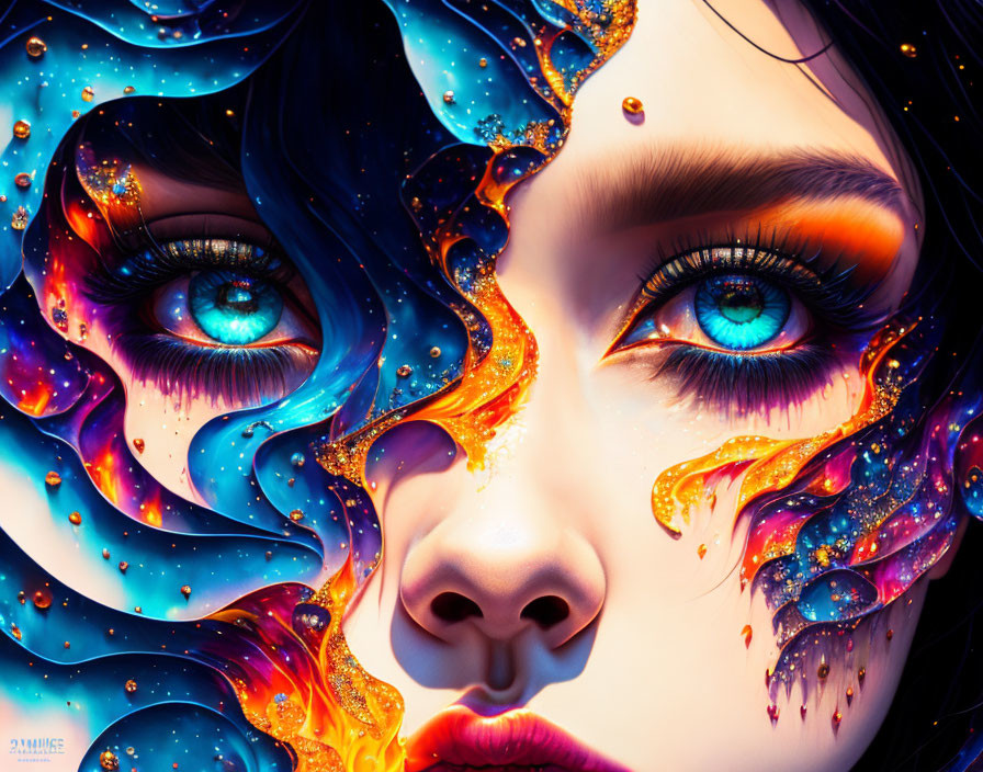 Detailed Artistic Illustration: Woman's Face with Vibrant Blue Eyes and Flowing Patterns