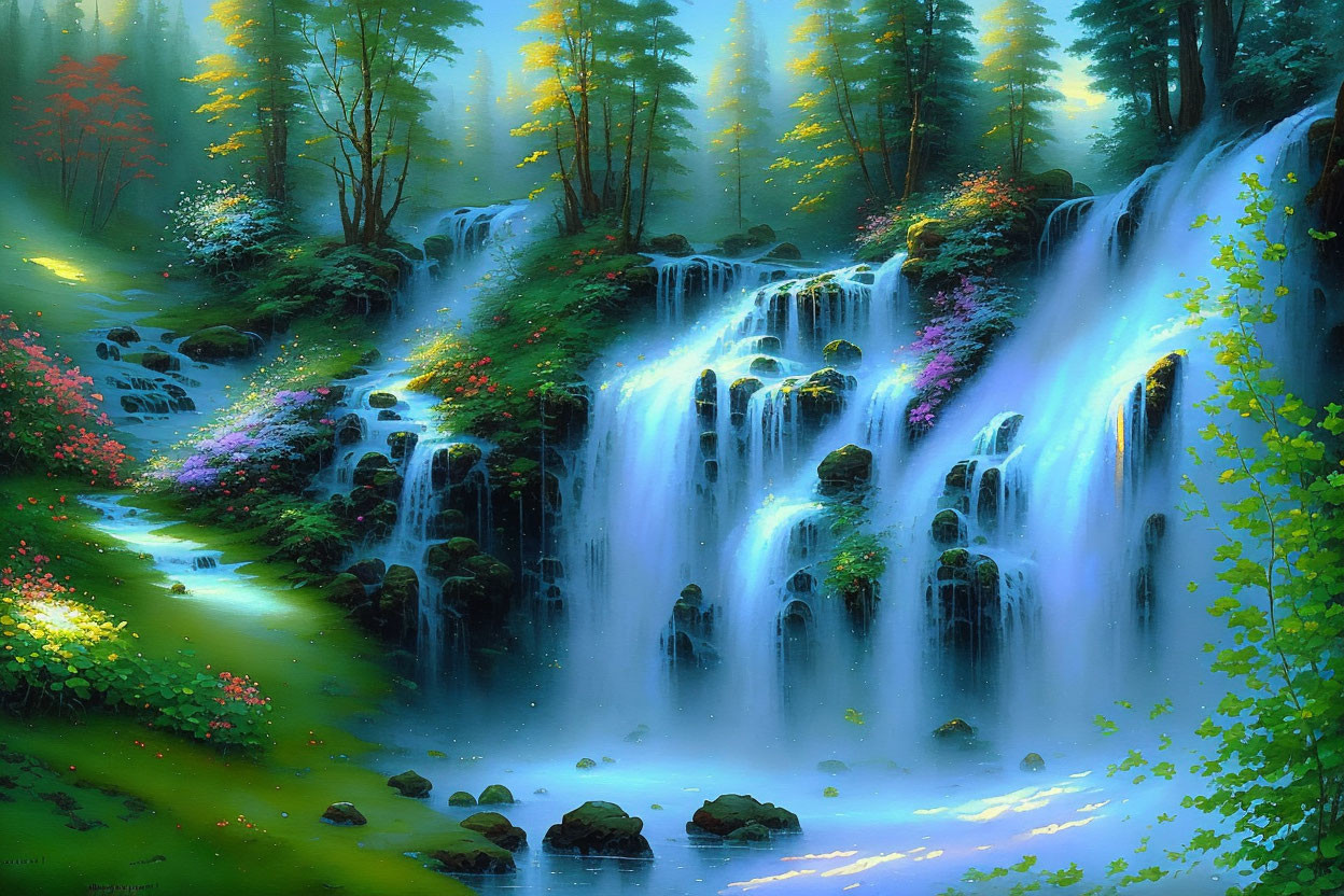 Tranquil landscape with cascading waterfall and lush greenery