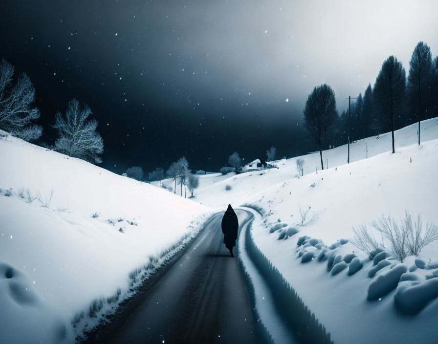 Solitary figure walking on snowy road at night