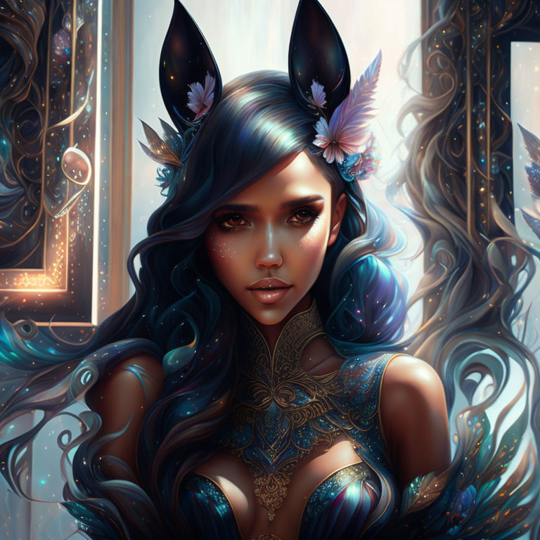 Woman with Dark Hair and Cat-like Ears in Magical Setting